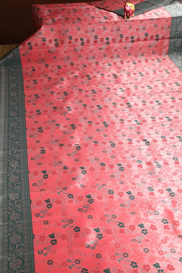 Dawn Red Visiri Madippu Silk Sarees with Silver Zari Floral Patterns view 2