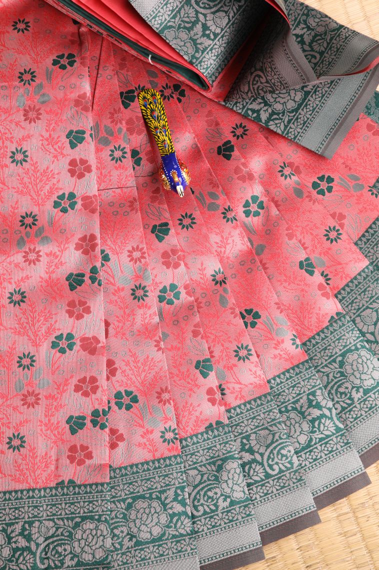 Dawn Red Visiri Madippu Silk Sarees with Silver Zari Floral Patterns view 1