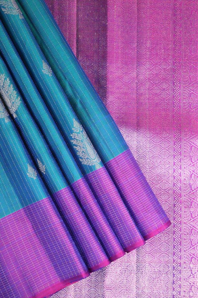 Cerulean Blue Kanchipuram Silk Sarees with Gold And Silver Zari Leaf Pattern view 1