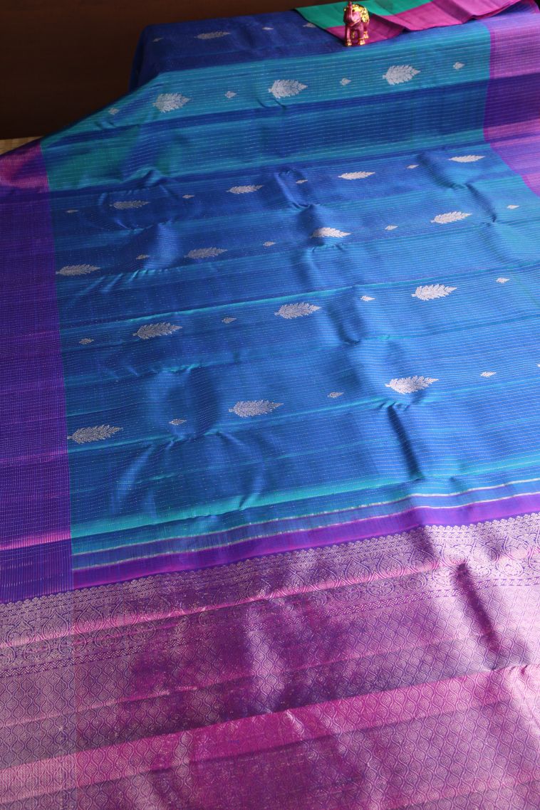 Cerulean Blue Kanchipuram Silk Sarees with Gold And Silver Zari Leaf Pattern view 2