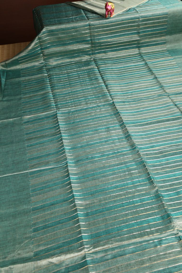 Pistachio Green Semi Tussar Silk Gold And Silver Zari with Zari Stripes view 2