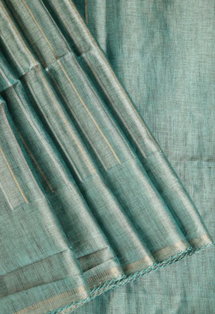 Pistachio Green Semi Tussar Silk Gold And Silver Zari with Zari Stripes