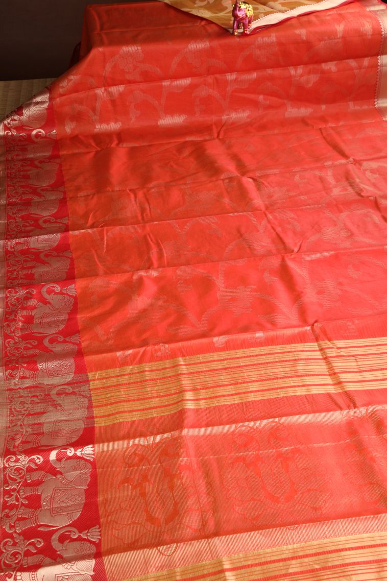 Tiger Orange Organza Saree with Silver Zari Floral Patterns view 2