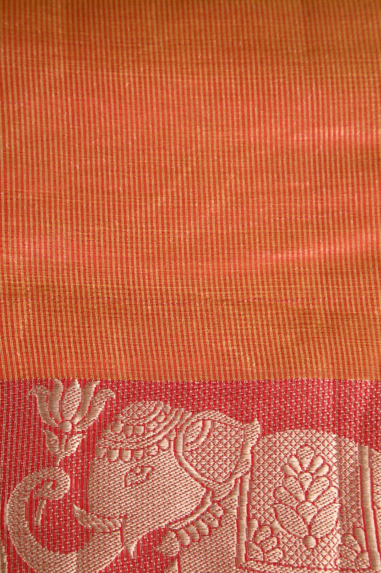 Tiger Orange Organza Saree with Silver Zari Floral Patterns view 3
