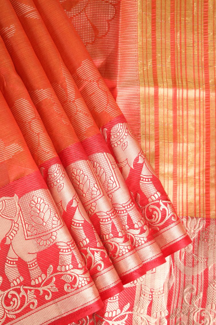 Tiger Orange Organza Saree with Silver Zari Floral Patterns view 1