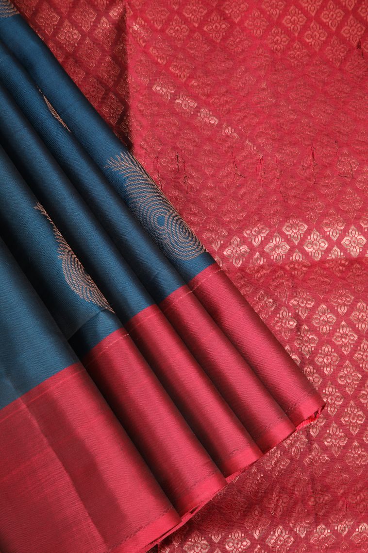 Aegean Blue Soft Silk Saree with Copper Zari Leaf Pattern view 1