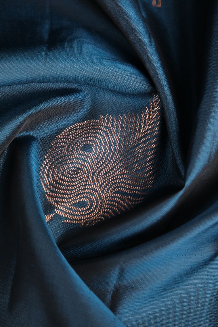 Aegean Blue Soft Silk Saree with Copper Zari Leaf Pattern view 4