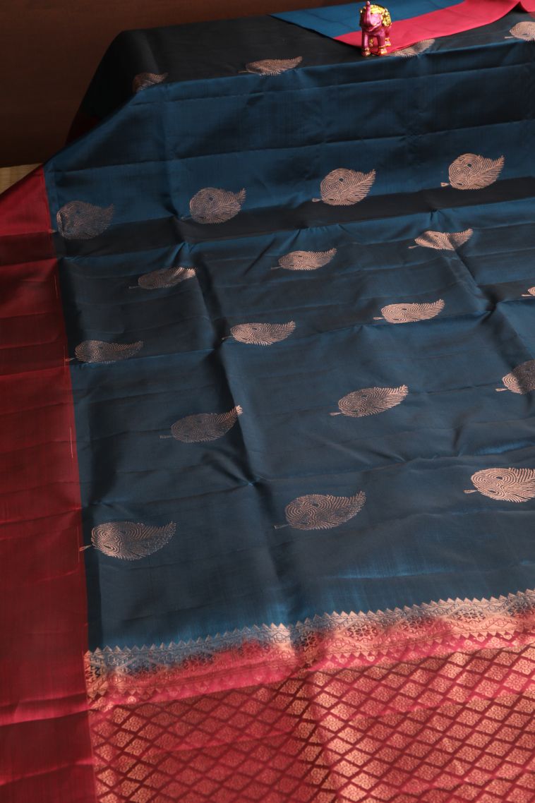 Aegean Blue Soft Silk Saree with Copper Zari Leaf Pattern view 2