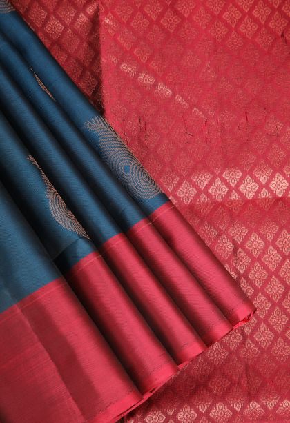 Aegean Blue Soft Silk Saree with Copper Zari Leaf Pattern