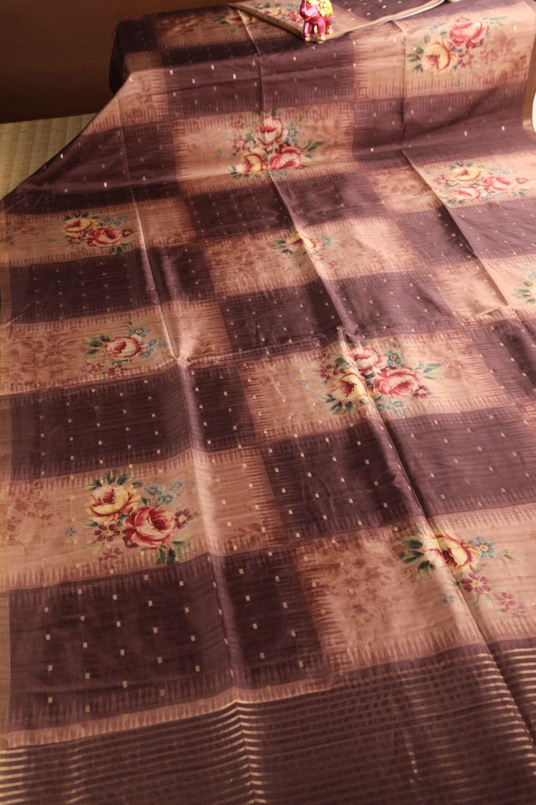 Caramel Brown Semi Raw Silk Printed Gold Zari with Zari Puttas view 2