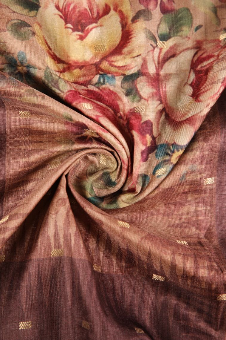Caramel Brown Semi Raw Silk Printed Gold Zari with Zari Puttas view 4