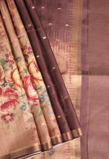 Caramel Brown Semi Raw Silk Printed Gold Zari with Zari Puttas