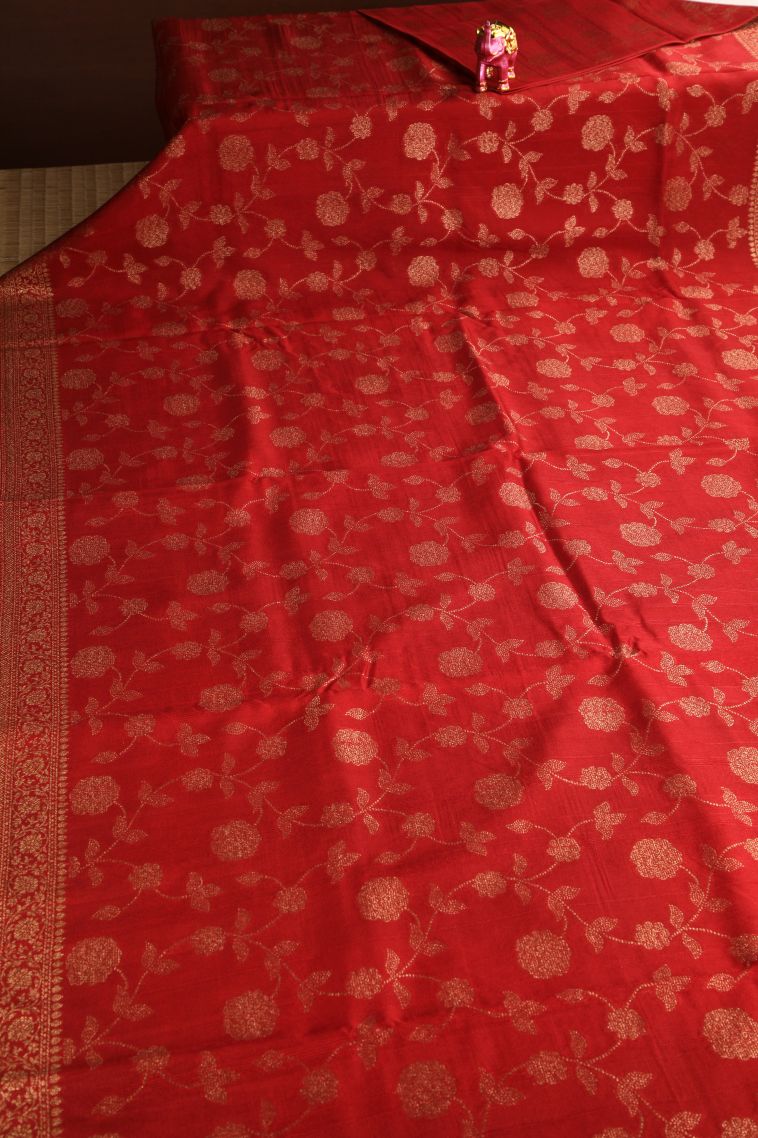Dawn Red Banaras Sarees Antic Zari with Floral Patterns view 2