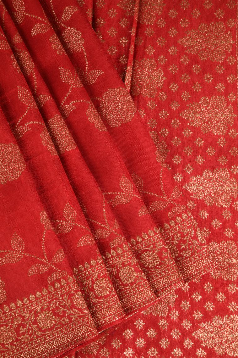 Dawn Red Banaras Sarees Antic Zari with Floral Patterns view 1