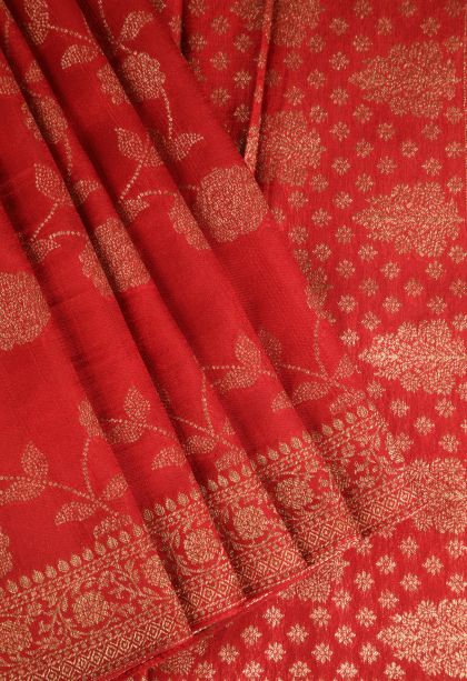 Dawn Red Banaras Sarees Antic Zari with Floral Patterns