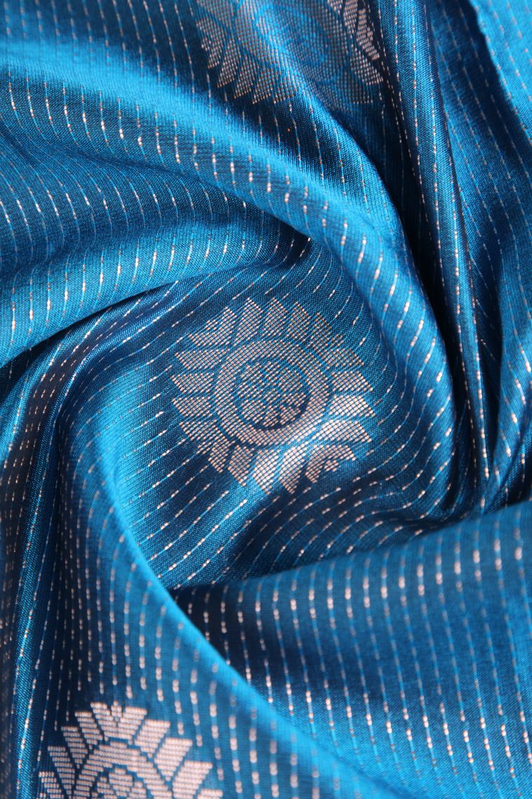 Cerulean Blue Apoorva Silk Sarees with Copper Zari Peacock And Rudhractam view 4