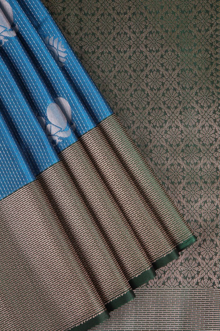Cerulean Blue Apoorva Silk Sarees with Copper Zari Peacock And Rudhractam view 1