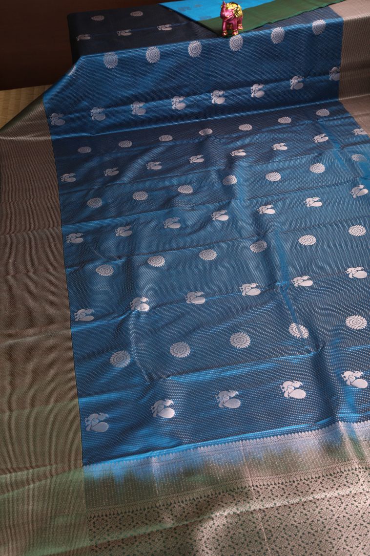 Cerulean Blue Apoorva Silk Sarees with Copper Zari Peacock And Rudhractam view 2