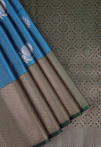 Cerulean Blue Apoorva Silk Sarees with Copper Zari Peacock And Rudhractam