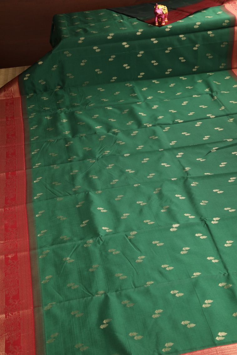 Basil Green Raw Silk Sarees with Gold Zari Leaf Pattern view 2