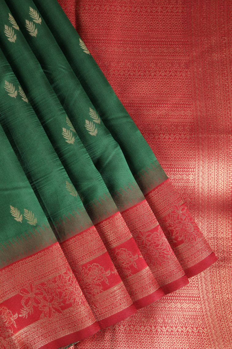 Basil Green Raw Silk Sarees with Gold Zari Leaf Pattern