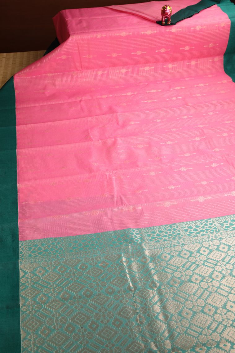 Punch Pink Silk Cotton Sarees with Copper Zari Straipes And Puttas view 2