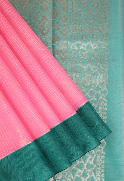 Punch Pink Silk Cotton Sarees with Copper Zari Straipes And Puttas