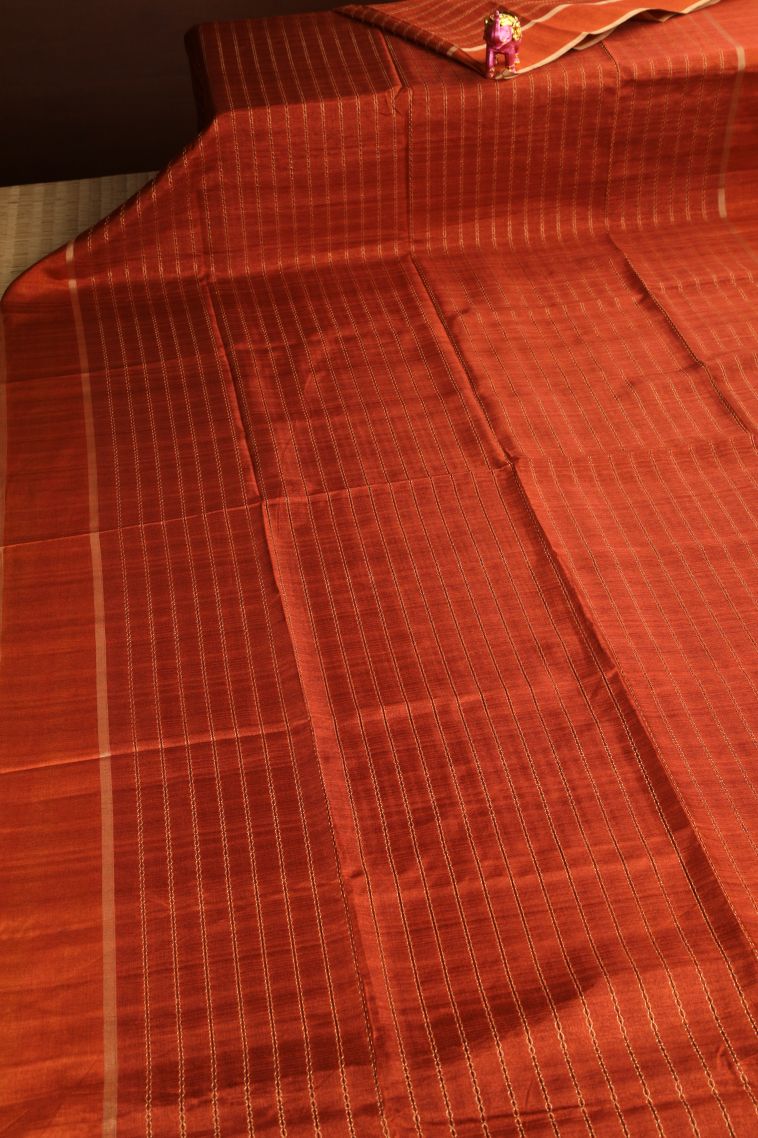 Rust Orange Semi Tussar Silk Gold Zari with Stripes view 2