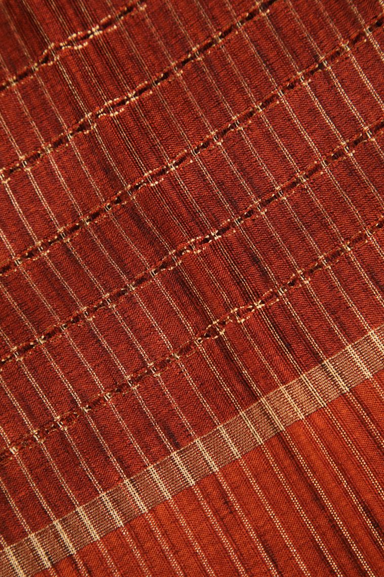 Rust Orange Semi Tussar Silk Gold Zari with Stripes view 3
