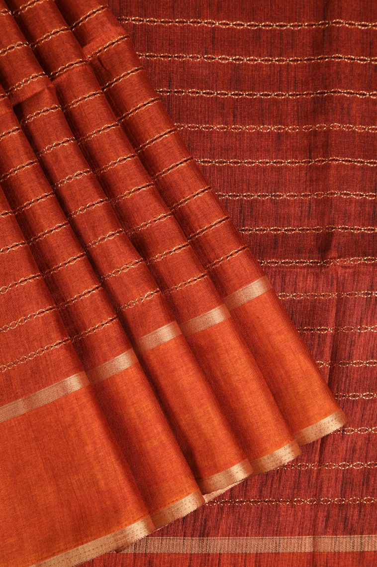 Rust Orange Semi Tussar Silk Gold Zari with Stripes view 1