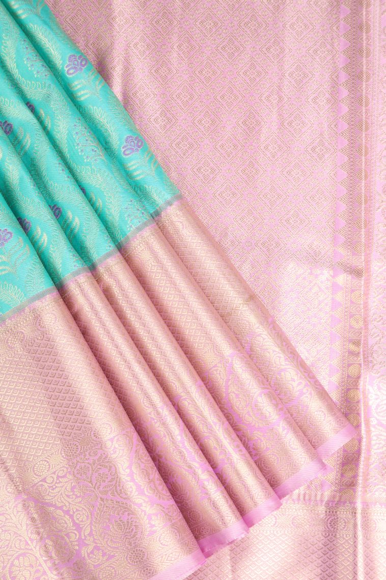 Mint Green Apoorva Silk Sarees with Gold Zari Floral Patterns view 1