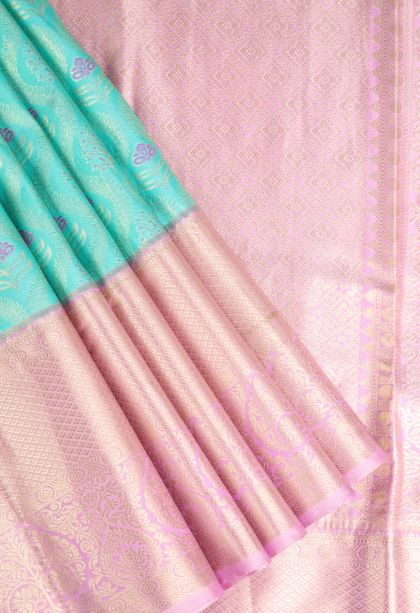 Mint Green Apoorva Silk Sarees with Gold Zari Floral Patterns