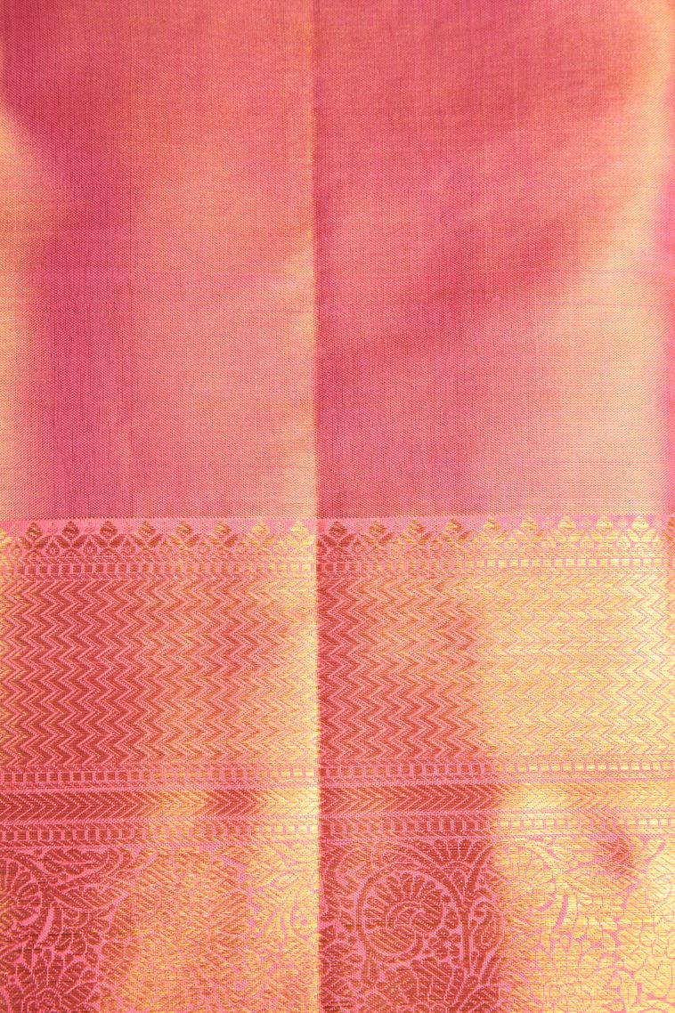 Rouge Pink Kanchipuram Silk Sarees with Gold And Silver Zari Leaf Pattern view 3