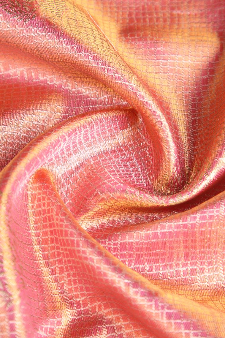Rouge Pink Kanchipuram Silk Sarees with Gold And Silver Zari Leaf Pattern view 4