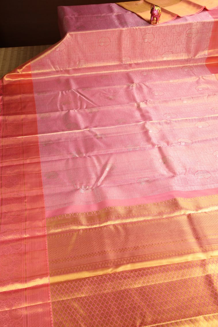 Rouge Pink Kanchipuram Silk Sarees with Gold And Silver Zari Leaf Pattern view 2