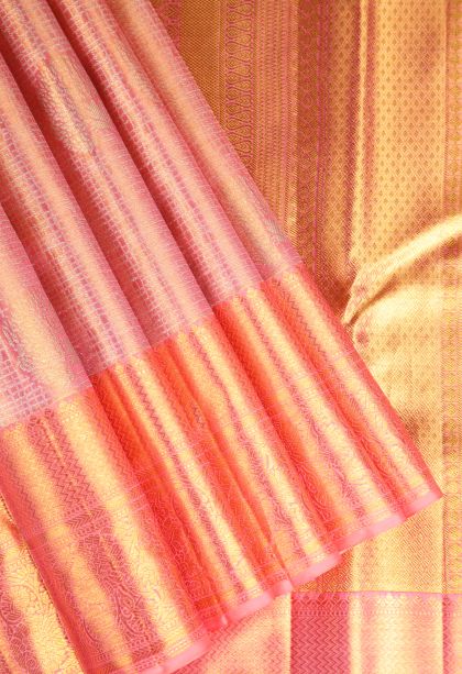 Rouge Pink Kanchipuram Silk Sarees with Gold And Silver Zari Leaf Pattern