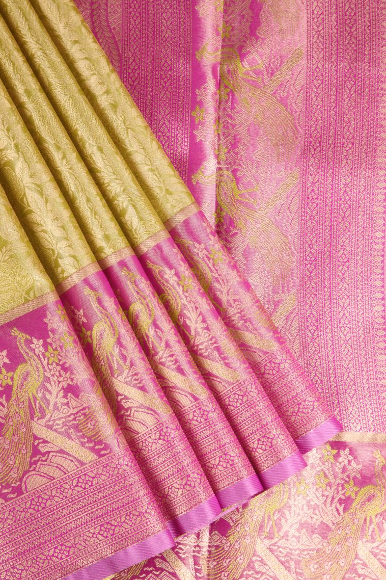 Lime Yellow Apoorva Silk Sarees with Gold Zari Leaf Pattern view 1