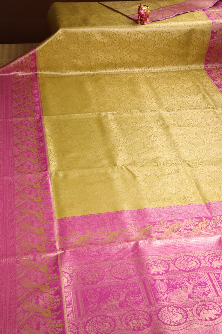Lime Yellow Apoorva Silk Sarees with Gold Zari Leaf Pattern view 2