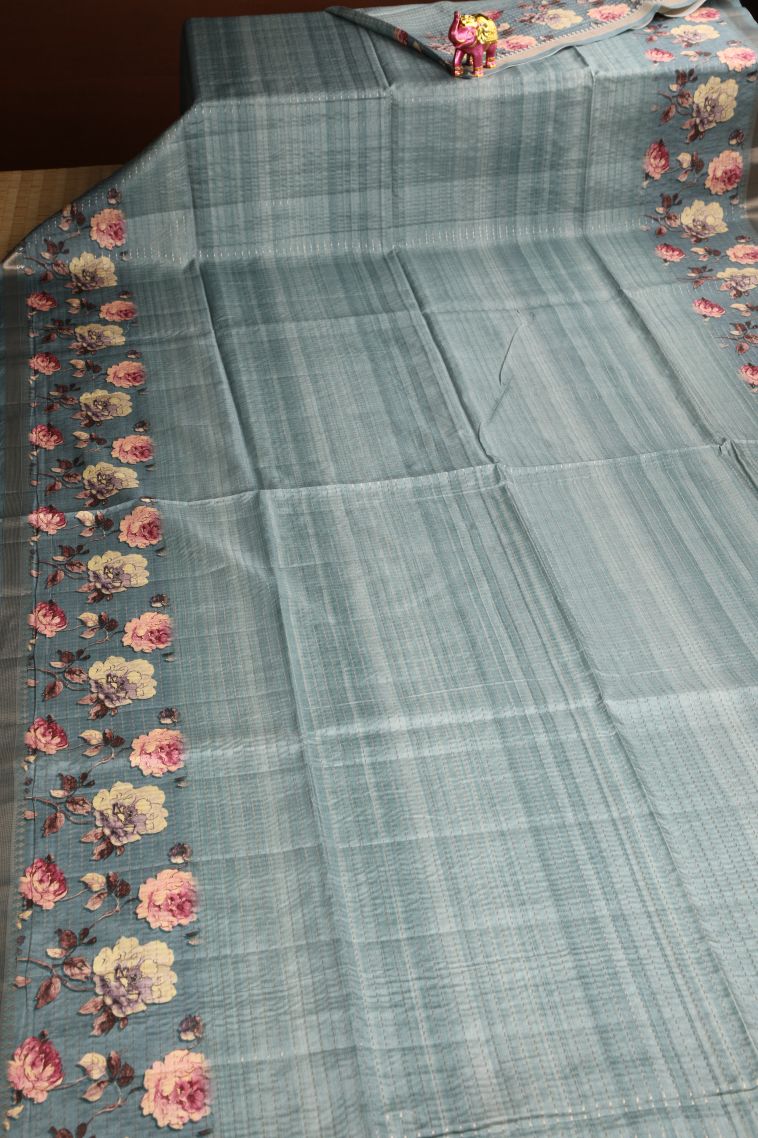 Pistachio Green Semi Tussar Silk Gold Zari with Zari Puttas view 2