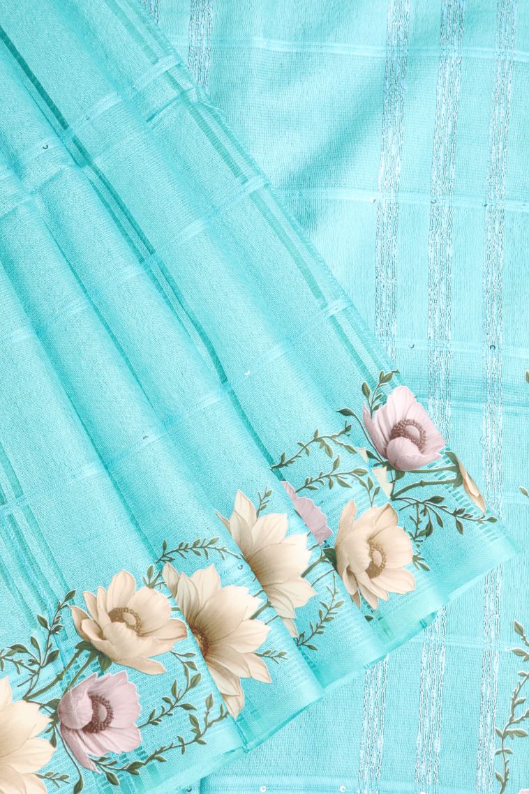 Arctic Blue Linen Saree with Without Zari Zari Stripes view 1