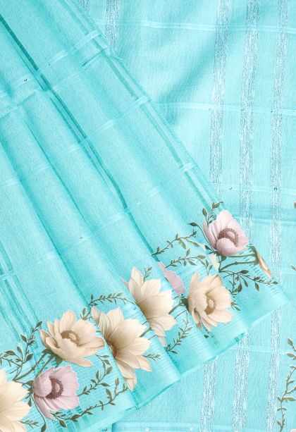 Arctic Blue Linen Saree with Without Zari Zari Stripes
