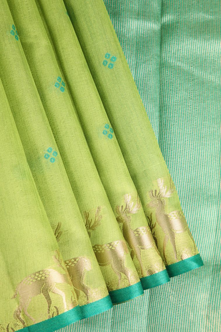 Lime Green Semi Tussar Silk with Gold Zari Buttis (small Dots Or Motifs) view 1