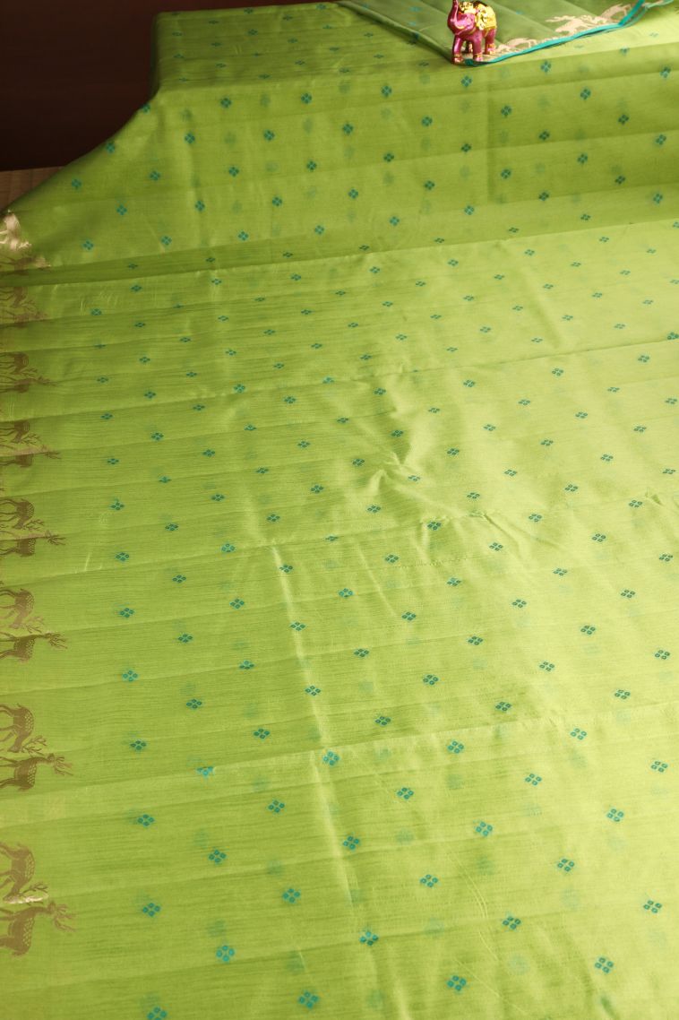 Lime Green Semi Tussar Silk with Gold Zari Buttis (small Dots Or Motifs) view 2
