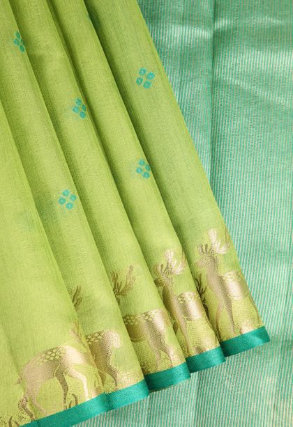 Lime Green Semi Tussar Silk with Gold Zari Buttis (small Dots Or Motifs)