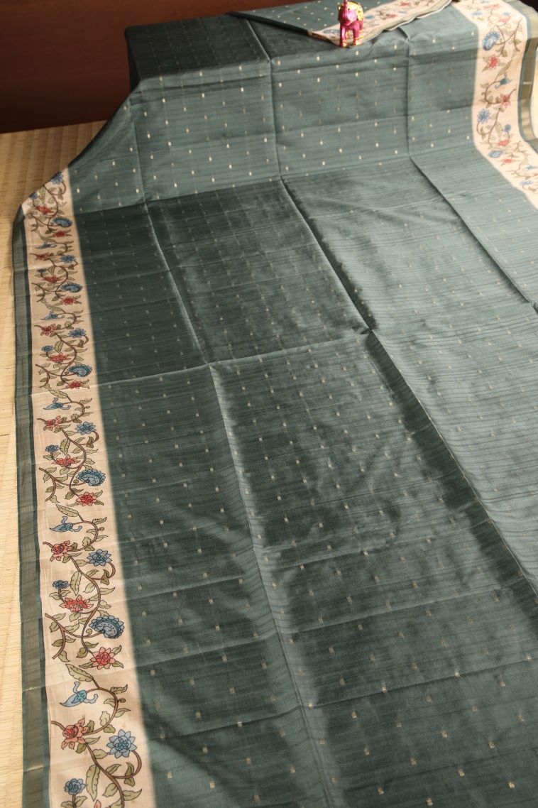 Davy Black Semi Raw Silk Printed Gold Zari with Zari Puttas view 2