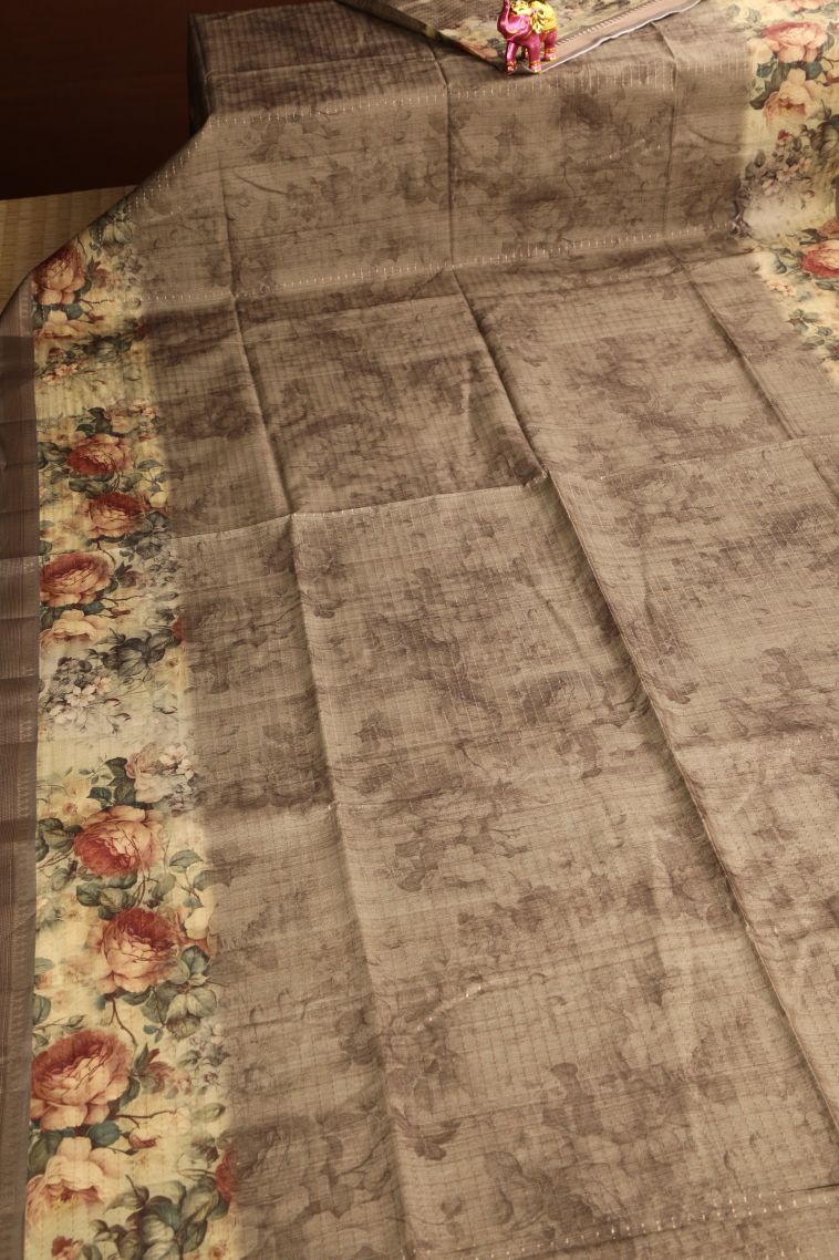 Tortilla Brown Semi Tussar Silk Gold Zari with Floral Patterns view 2