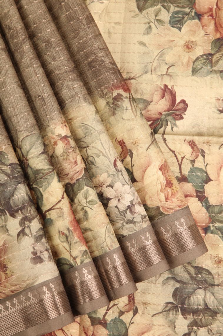 Tortilla Brown Semi Tussar Silk Gold Zari with Floral Patterns view 1
