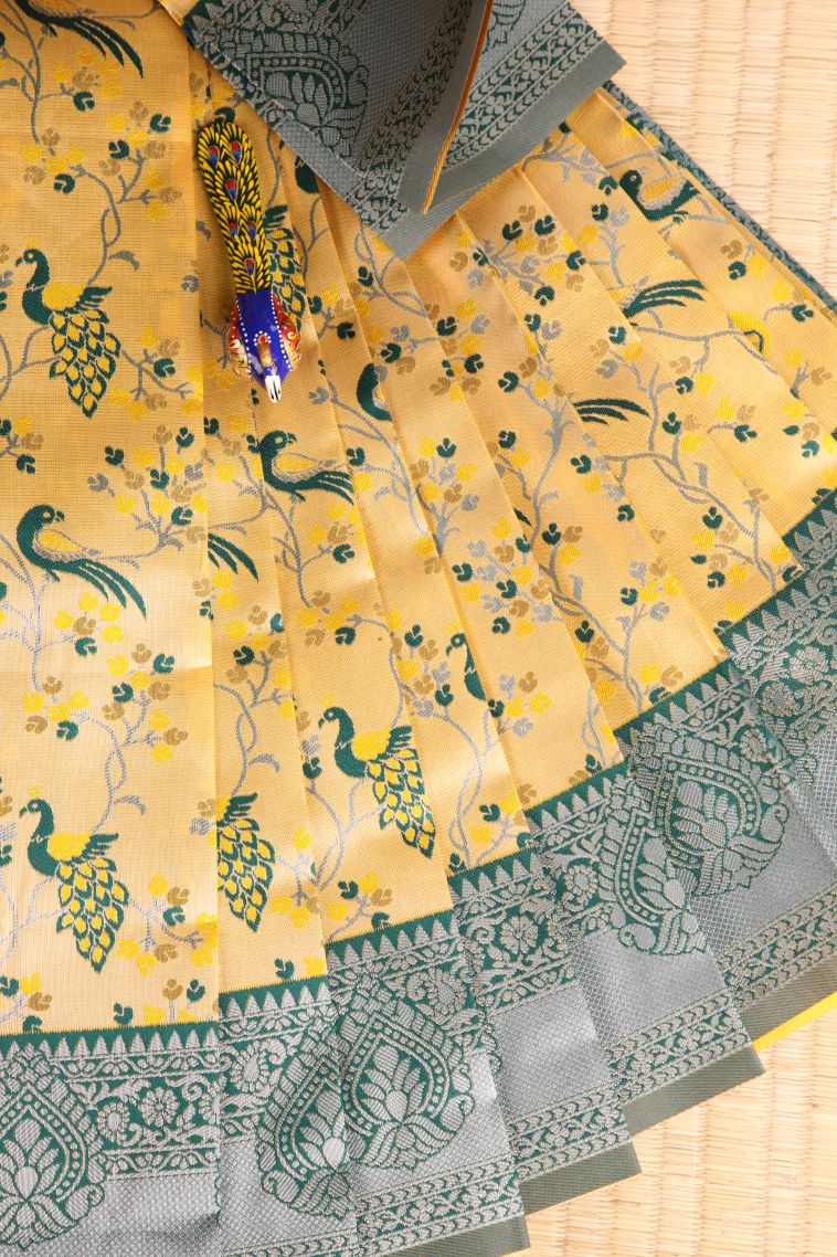 Macaroon Yellow Visiri Madippu Silk Sarees with Silver Zari Birds Mottif view 1