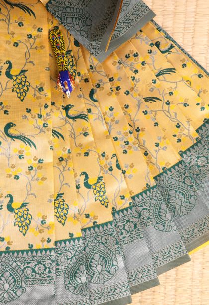 Macaroon Yellow Visiri Madippu Silk Sarees with Silver Zari Birds Mottif