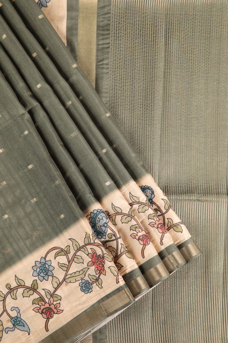 Sage Green Semi Raw Silk Printed Gold Zari with Zari Puttas view 1
